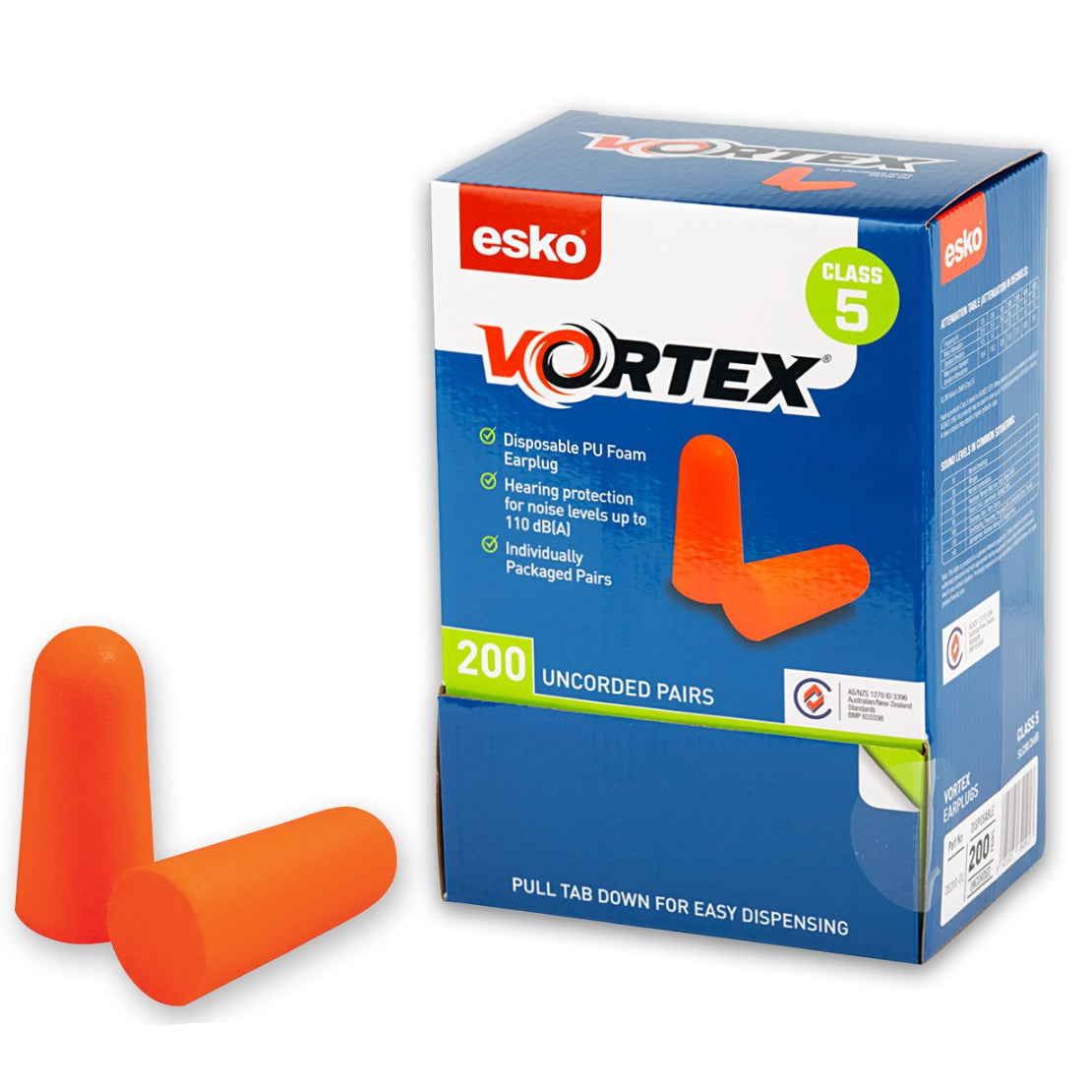 Esko Vortex Earplugs Orange Uncorded Box